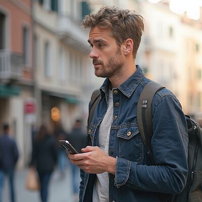 Man walking in the city with backpack and smartphone
