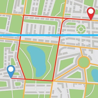 City map with multiple routes