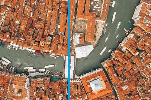 Venice bird's eye view with marked line on the bridge